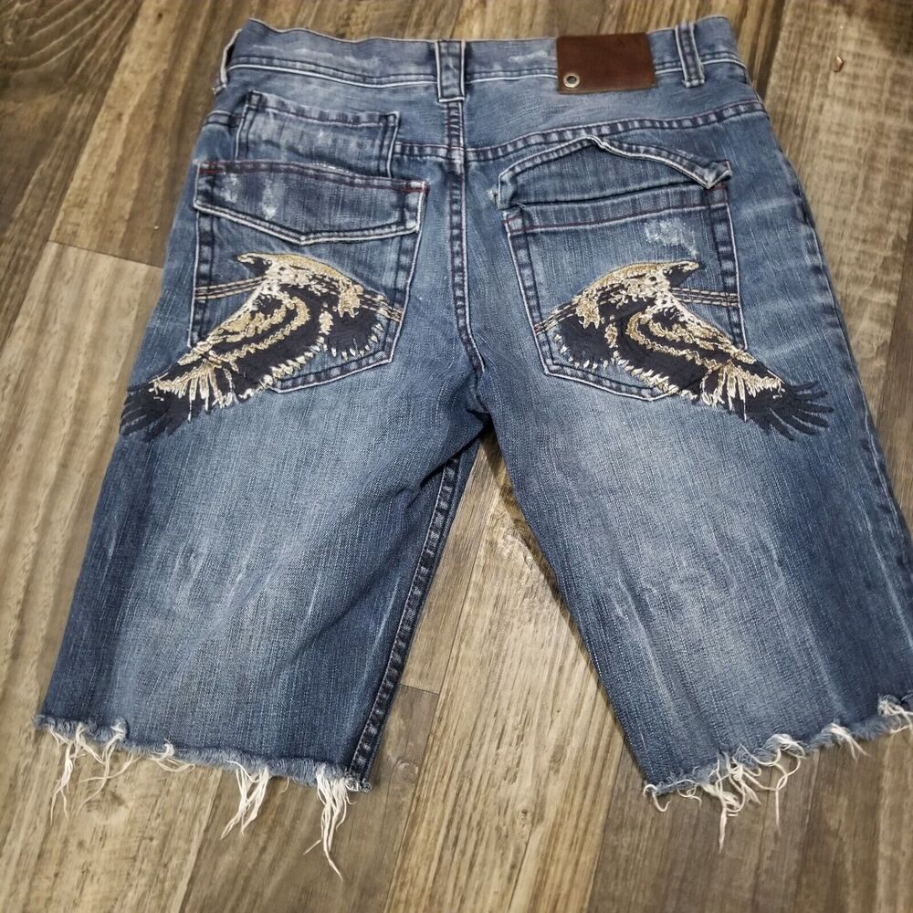 Armani‎ Exchange Mens 31x11 Reg Dark Wash Distressed Shorts Embellished Pockets